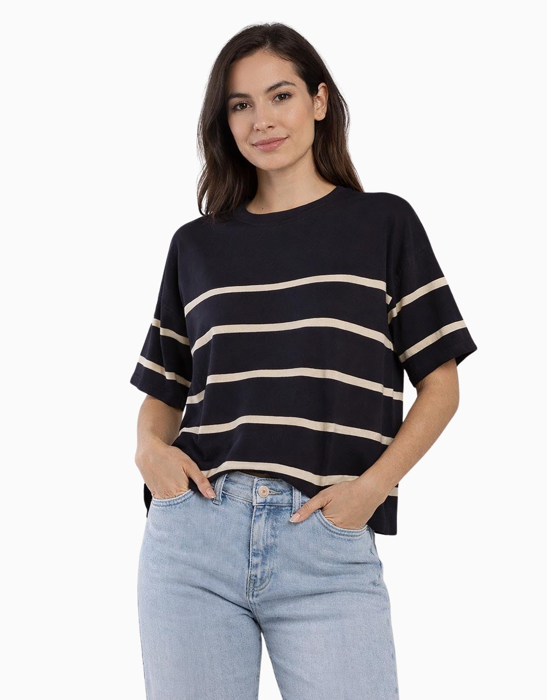 Image of a model wearing Outerwear. Productname: Bailey Box Sweater - in Navy/Cream colour by brand - Betty Basics