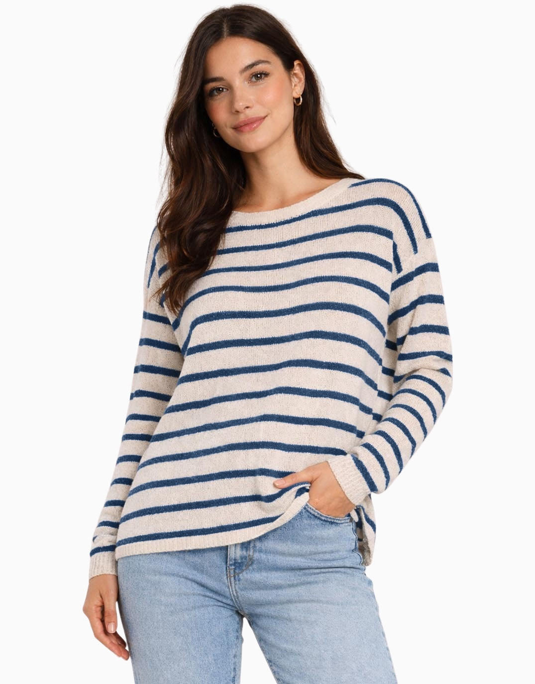 Image of a model wearing Outerwear. Productname: Bradford Knit Top - in Nautical Blue colour by brand - Betty Basics