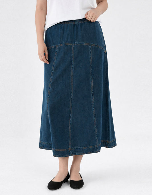 Image of a model wearing Skirts. Product name - Dayton Skirt Dark Vintage Wash in Dark Vintage Wash colour by brand - Betty Basics