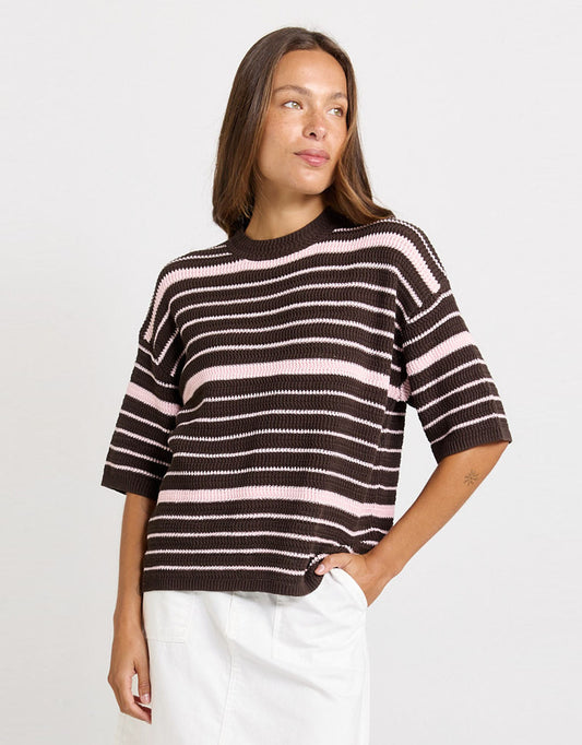 Image of a model wearing Outerwear. Product name - Dylan Knit Tee Chocolate/Pink Stripe in Chocolate Pink Stripe colour by brand - Betty Basics