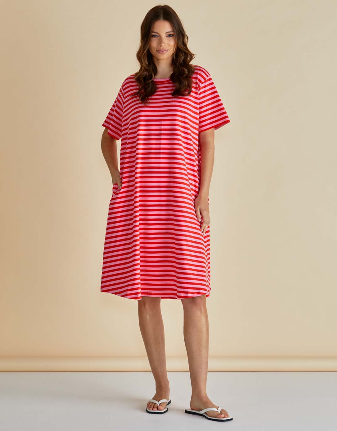 Image of Dresses. Productname: Eloise T-Shirt Dress - in Pink/Red Stripe colour by brand - Betty Basics