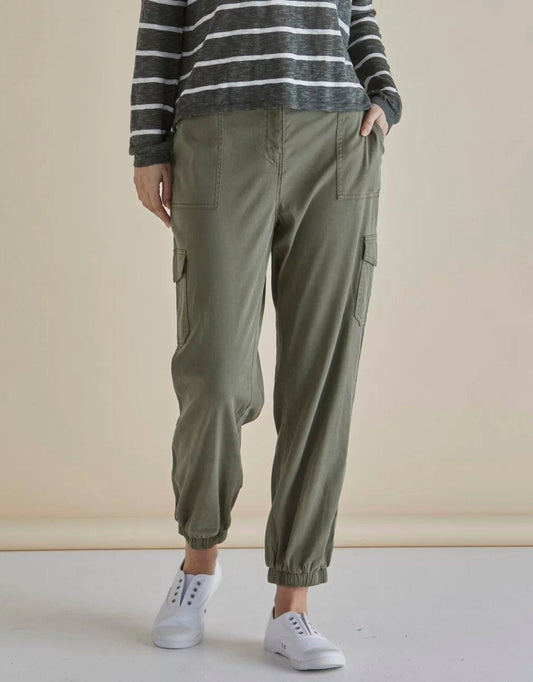 Image of a model wearing Pants. Productname: Lacey Lyocell Cargo Jogger - in Khaki colour by brand - Betty Basics