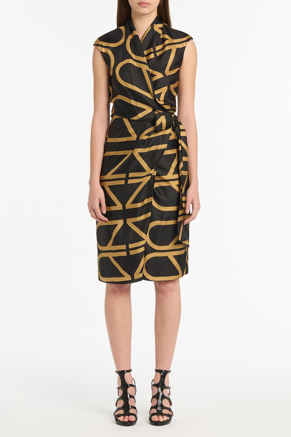 Image of Dresses. Product name - Black And Brandy Grid Silk Twill Wrap Dress in Black colour by brand - Carla Zampatti