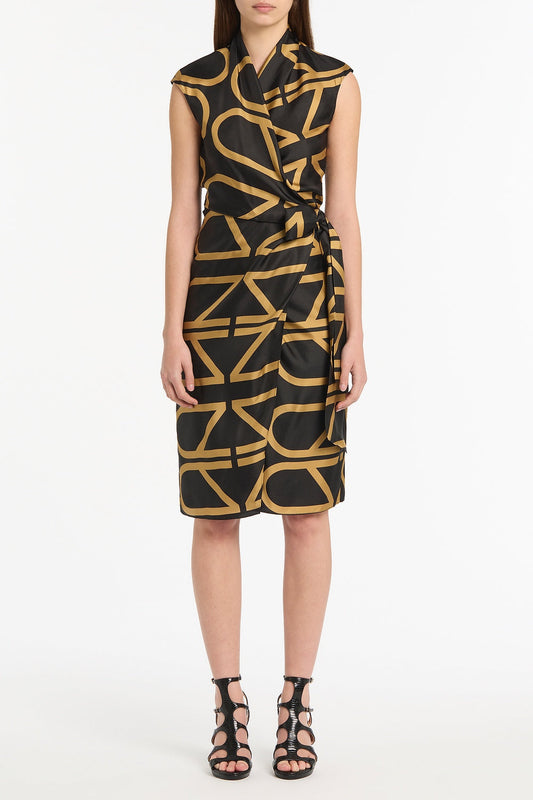 Image of Dresses. Product name - Black And Brandy Grid Silk Twill Wrap Dress in Black colour by brand - Carla Zampatti