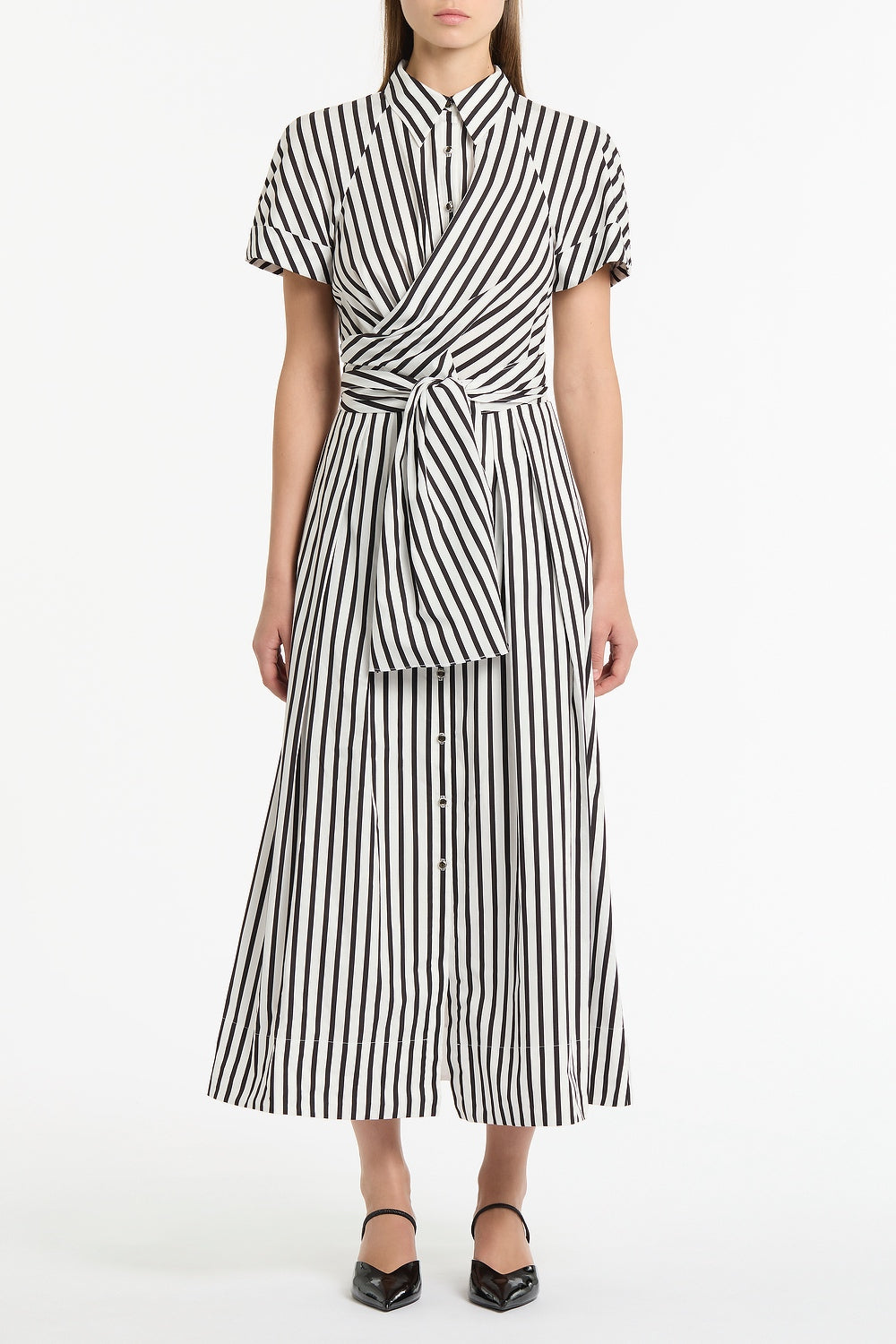 Image of Dresses. Product name - Black And White Stripe Cotton Wrap Shirt Dress in White colour by brand - Carla Zampatti