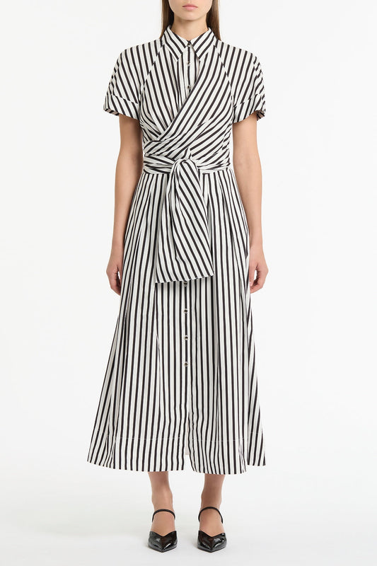 Image of Dresses. Product name - Black And White Stripe Cotton Wrap Shirt Dress in White colour by brand - Carla Zampatti