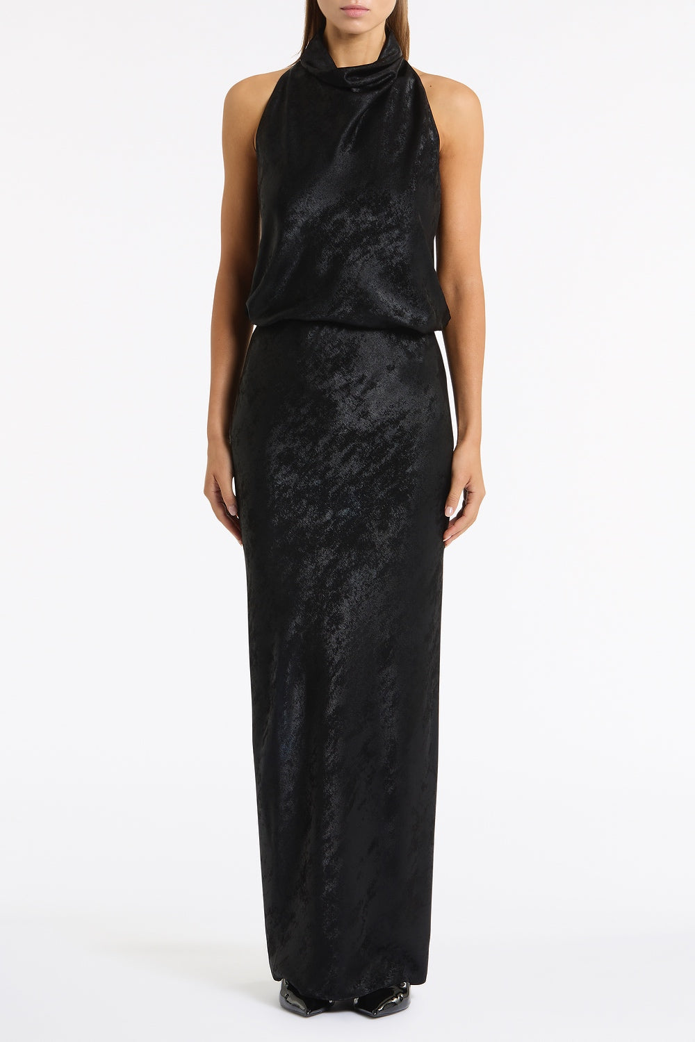 Image of a model wearing Skirts. Product name - Black Burnished Metallic Bias Skirt in Black colour by brand - Carla Zampatti