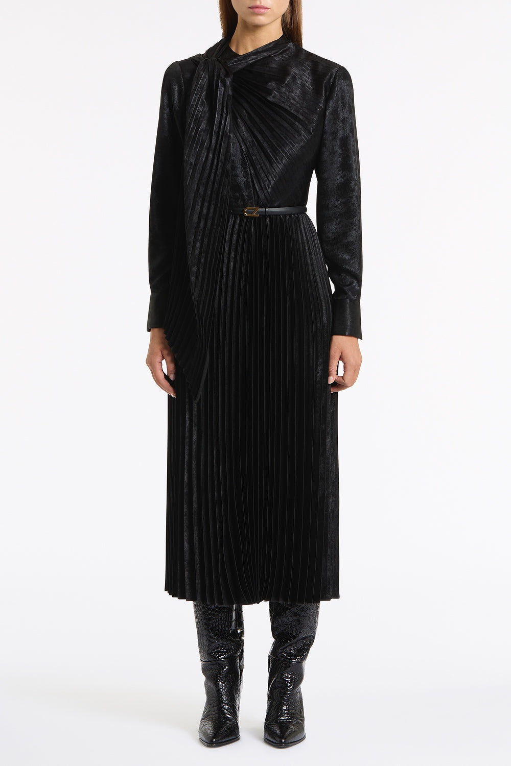 Carla Zampatti Burnished Metallic Plisse Dress (Black)