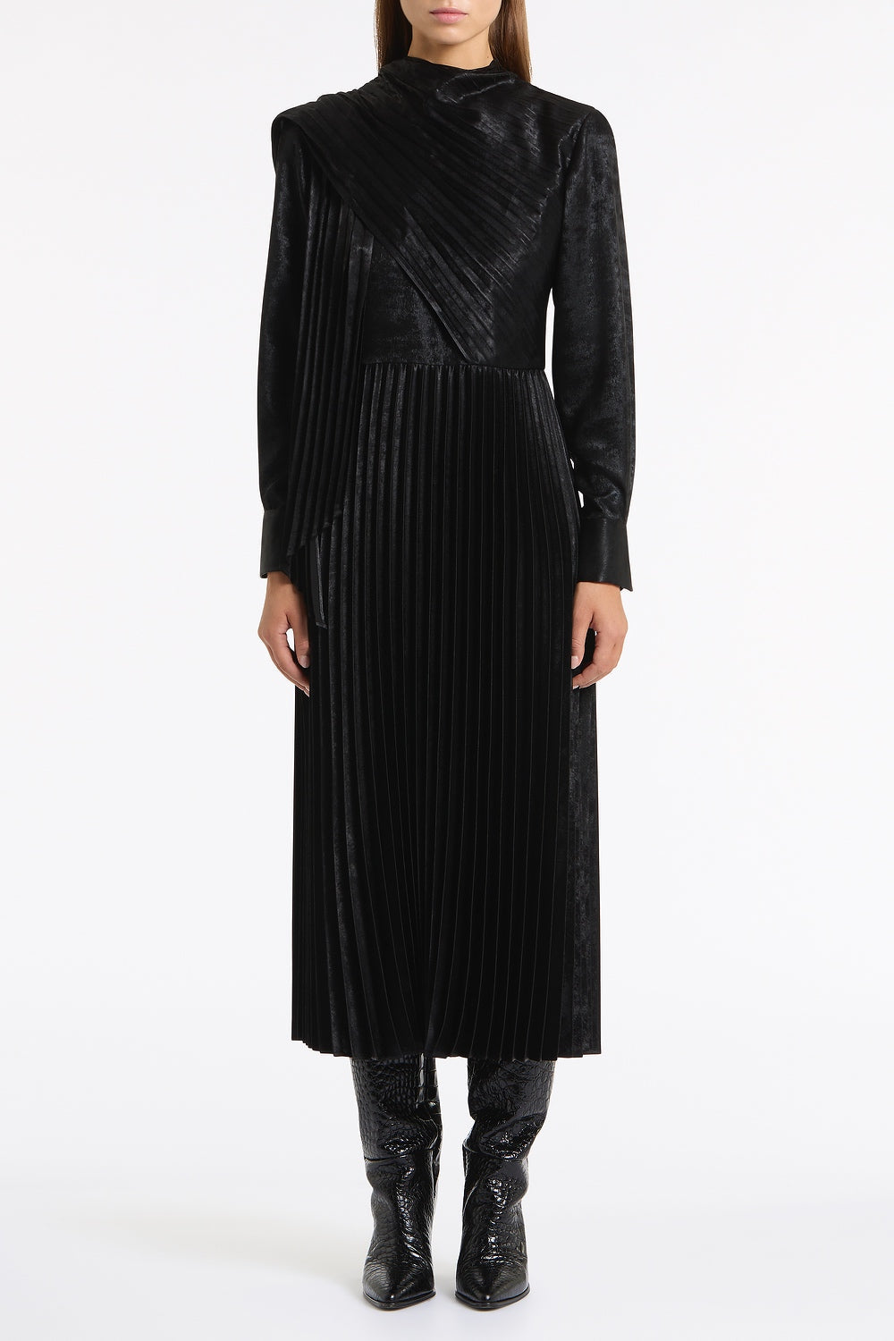 Image of Dresses. Product name - Black Burnished Metallic Plisse Dress in Black colour by brand - Carla Zampatti