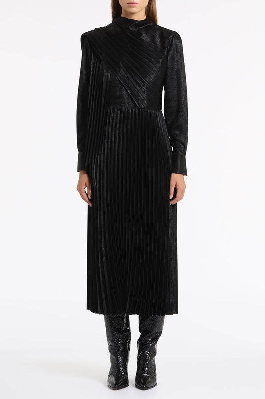 Image of Dresses. Product name - Black Burnished Metallic Plisse Dress in Black colour by brand - Carla Zampatti