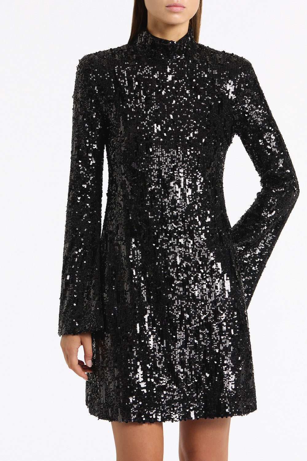 Carla Zampatti Cascade Sequin Fluted Mini Dress (Black)