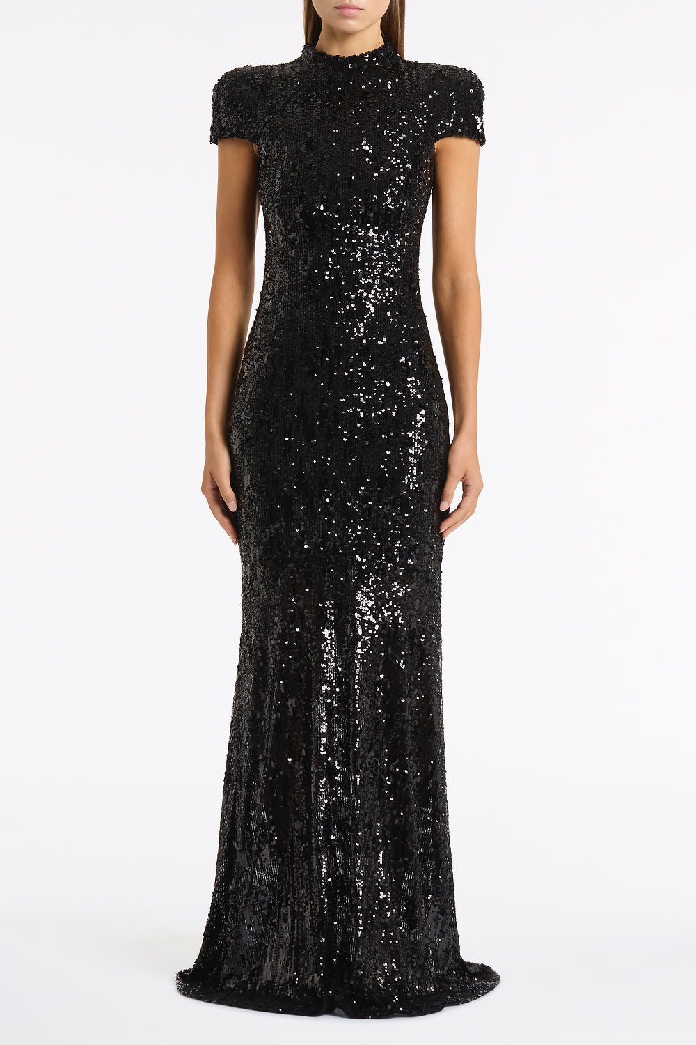 Image of Dresses. Product name - Black Cascade Sequin Raglan Sleeve Gown in Black colour by brand - Carla Zampatti