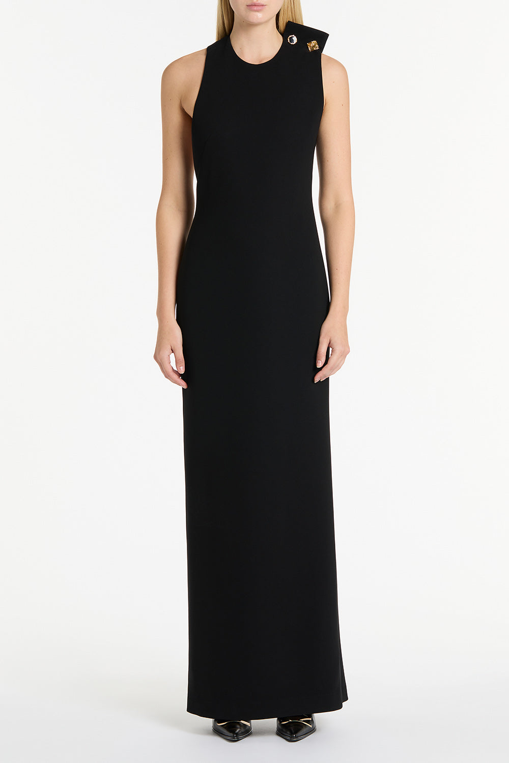 Image of Dresses. Product name - Black Crepe C Back Gown in Black colour by brand - Carla Zampatti