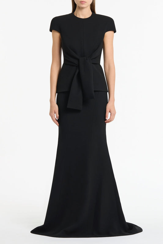 Image of a model wearing Tops. Product name - Black Crepe Cap Sleeve Tie Top in Black colour by brand - Carla Zampatti