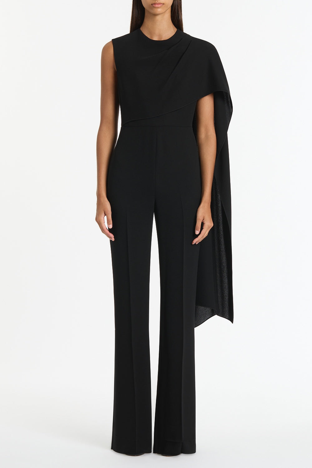 Image of Bodysuits. Product name - Black Crepe Cascade Jumpsuit in Black colour by brand - Carla Zampatti