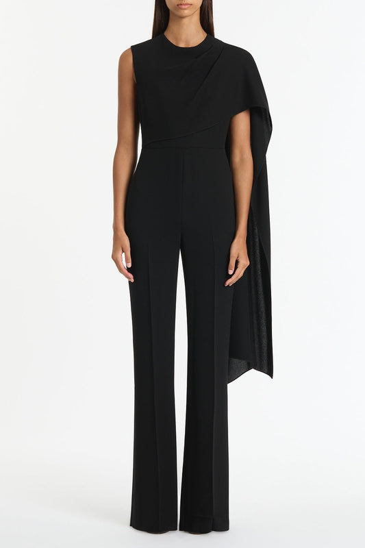 Image of Bodysuits. Product name - Black Crepe Cascade Jumpsuit in Black colour by brand - Carla Zampatti