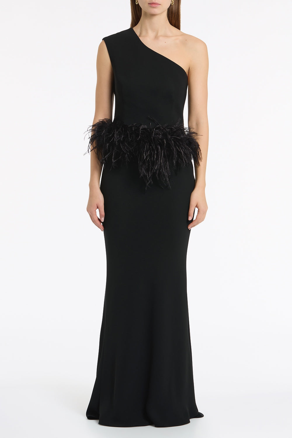 Image of a model wearing Tops. Product name - Black Crepe Cropped Feather Trimmed Bodice in Black colour by brand - Carla Zampatti