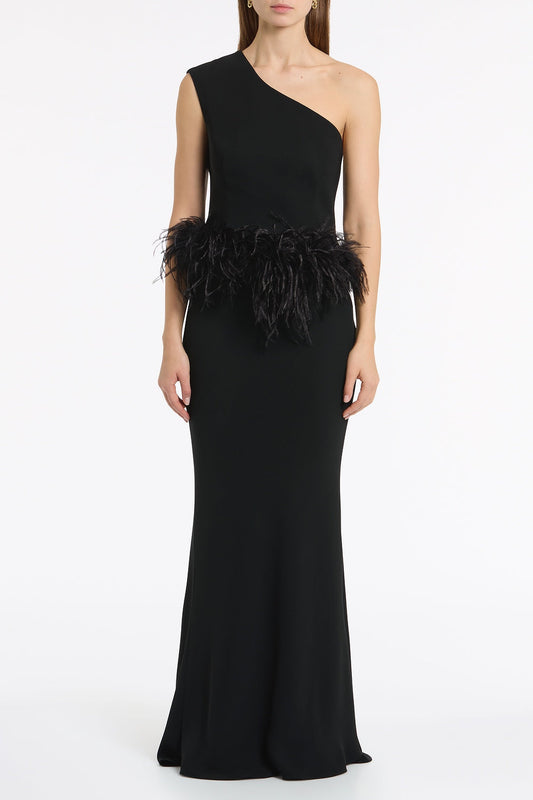Image of a model wearing Tops. Product name - Black Crepe Cropped Feather Trimmed Bodice in Black colour by brand - Carla Zampatti
