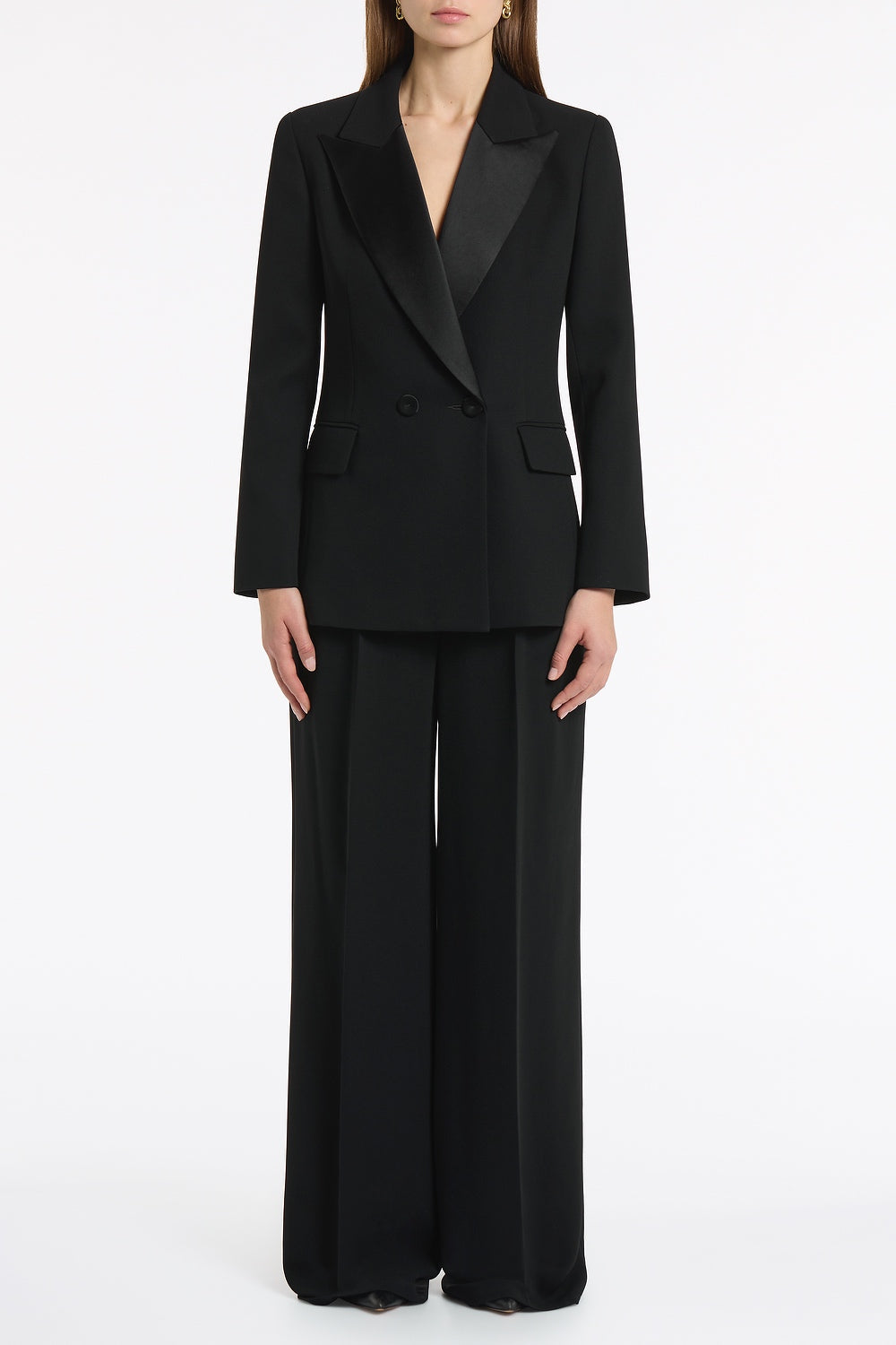 Image of Coats & Jackets. Product name - Black Crepe Double Breasted Blazer in Black colour by brand - Carla Zampatti
