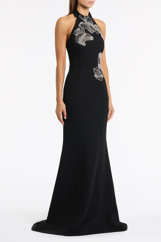 Carla Zampatti Crepe Embellished Halter Gown (Black)