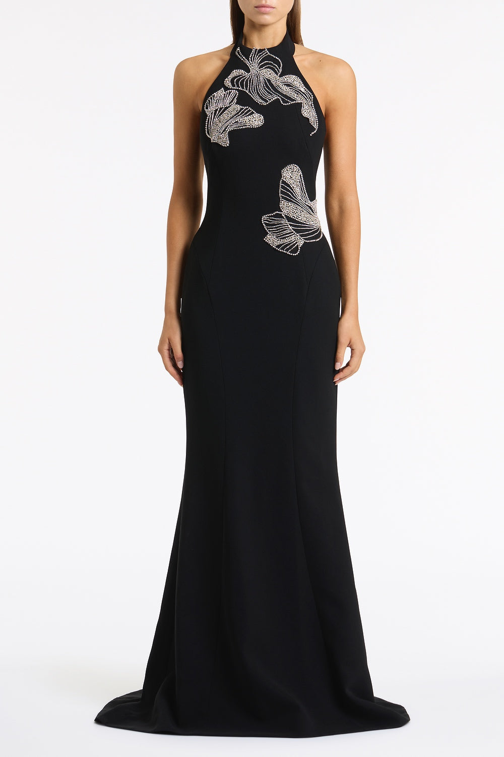 Image of Dresses. Product name - Black Crepe Embellished Halter Gown in Black colour by brand - Carla Zampatti