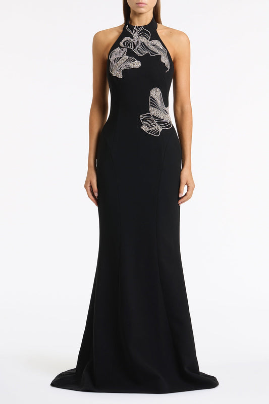 Image of Dresses. Product name - Black Crepe Embellished Halter Gown in Black colour by brand - Carla Zampatti
