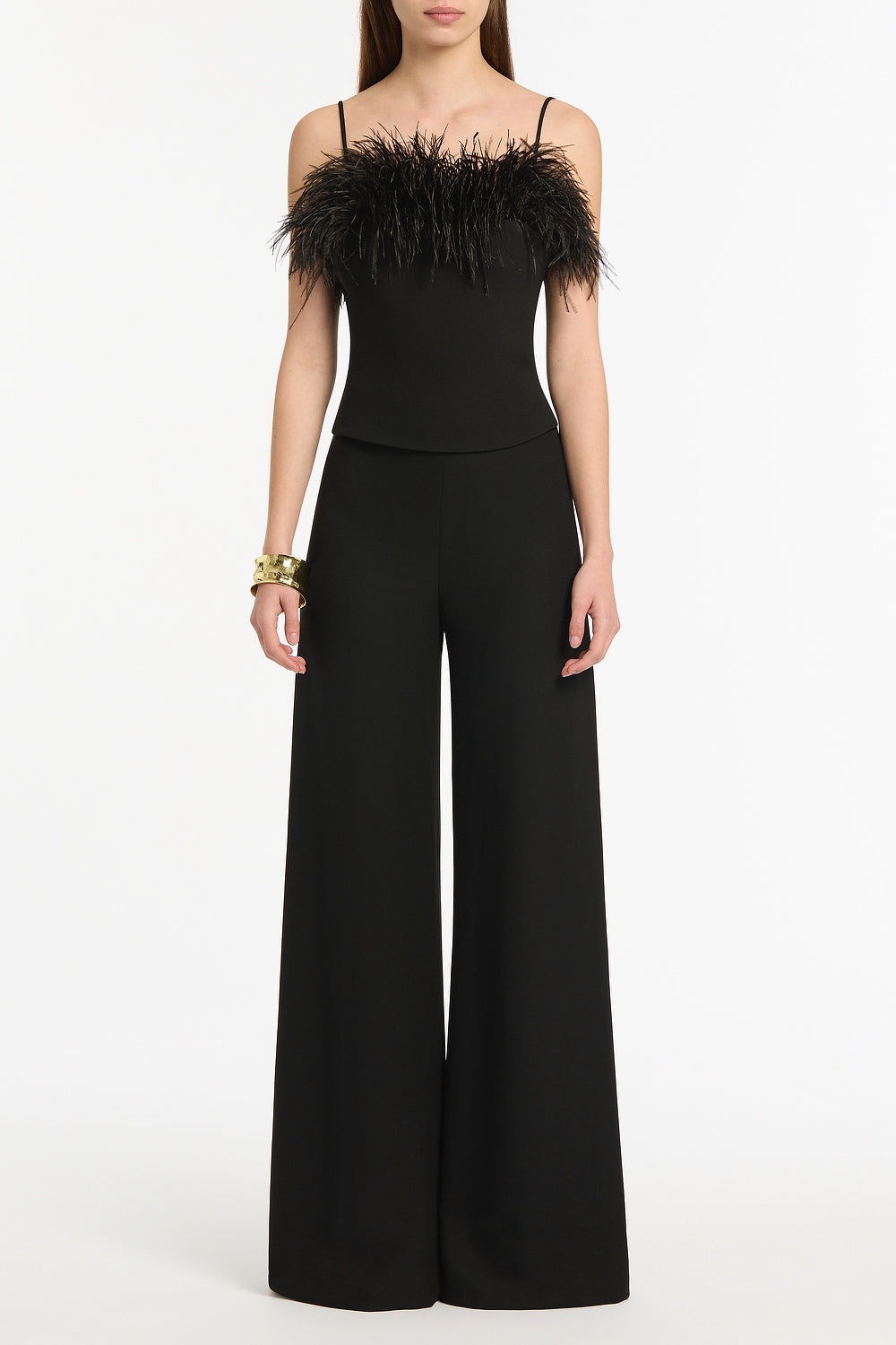 Image of a model wearing Tops. Product name - Black Crepe Feather Top in Black colour by brand - Carla Zampatti