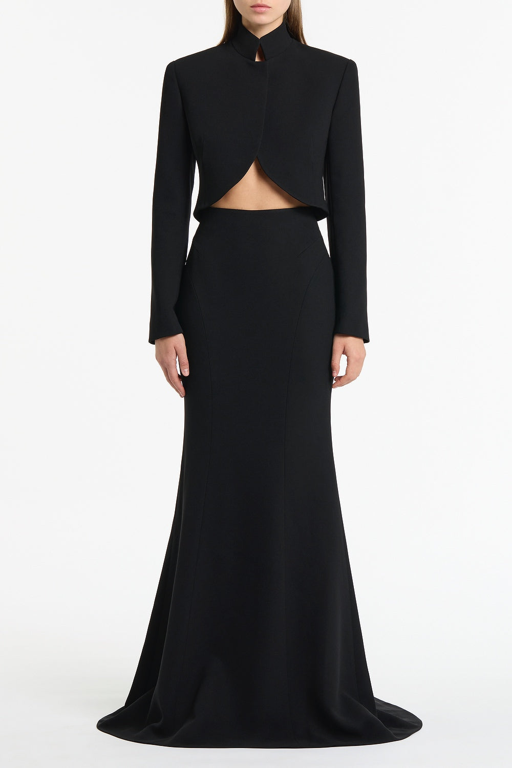 Image of a model wearing Skirts. Product name - Black Crepe Fishtail Maxi Skirt in Black colour by brand - Carla Zampatti