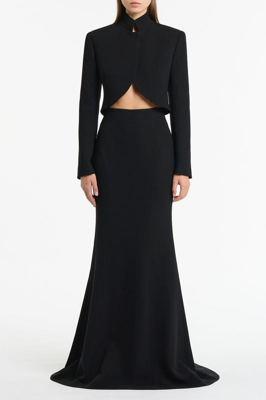 Image of a model wearing Skirts. Product name - Black Crepe Fishtail Maxi Skirt in Black colour by brand - Carla Zampatti