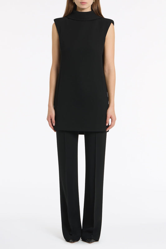 Image of a model wearing Tops. Product name - Black Crepe Folded Collar Tunic in Black colour by brand - Carla Zampatti