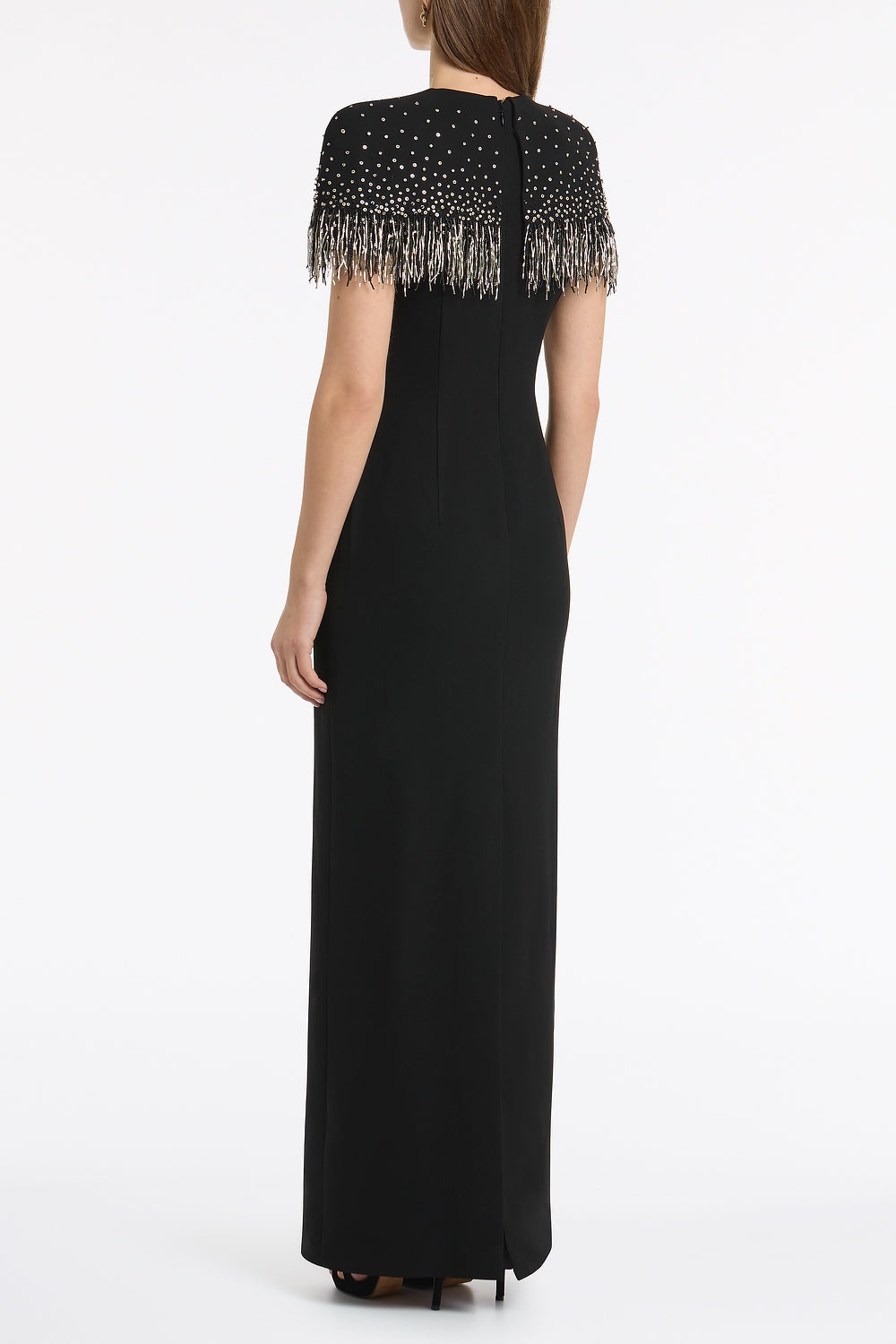 Carla Zampatti Crepe Fringe Cape Gown (Black)