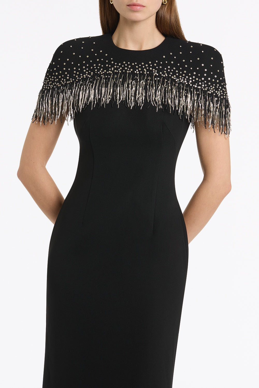 Carla Zampatti Crepe Fringe Cape Gown (Black)