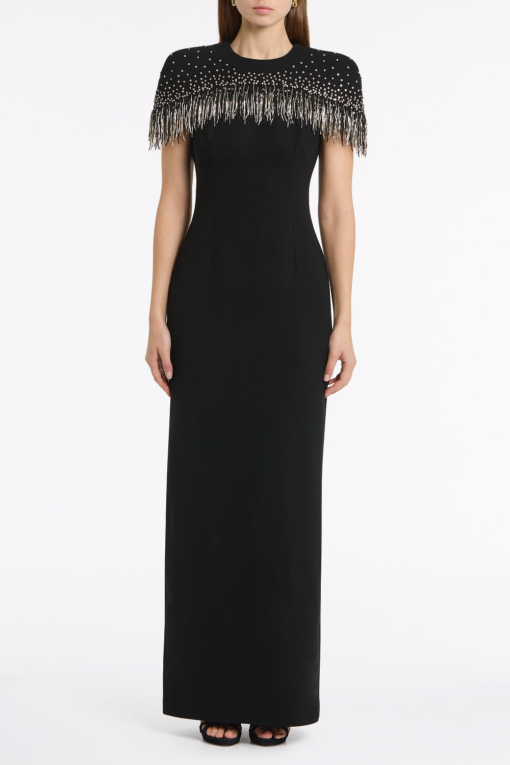 Image of Dresses. Product name - Black Crepe Fringe Cape Gown in Black colour by brand - Carla Zampatti