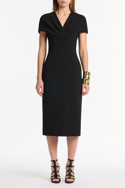 Image of Dresses. Product name - Black Crepe Front Tuck Midi Dress in Black colour by brand - Carla Zampatti