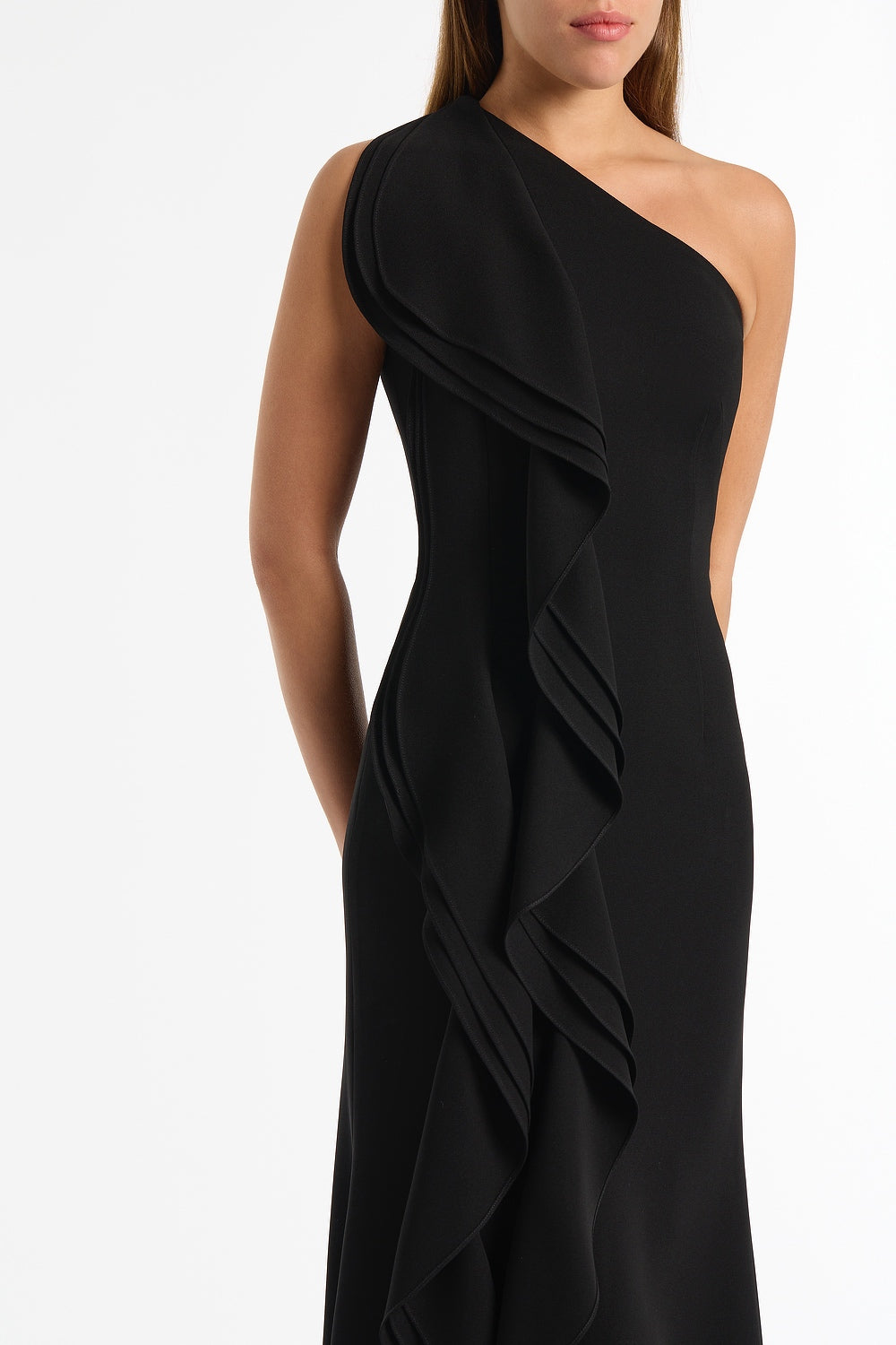 Carla Zampatti Crepe One Shoulder Petal Gown (Black)
