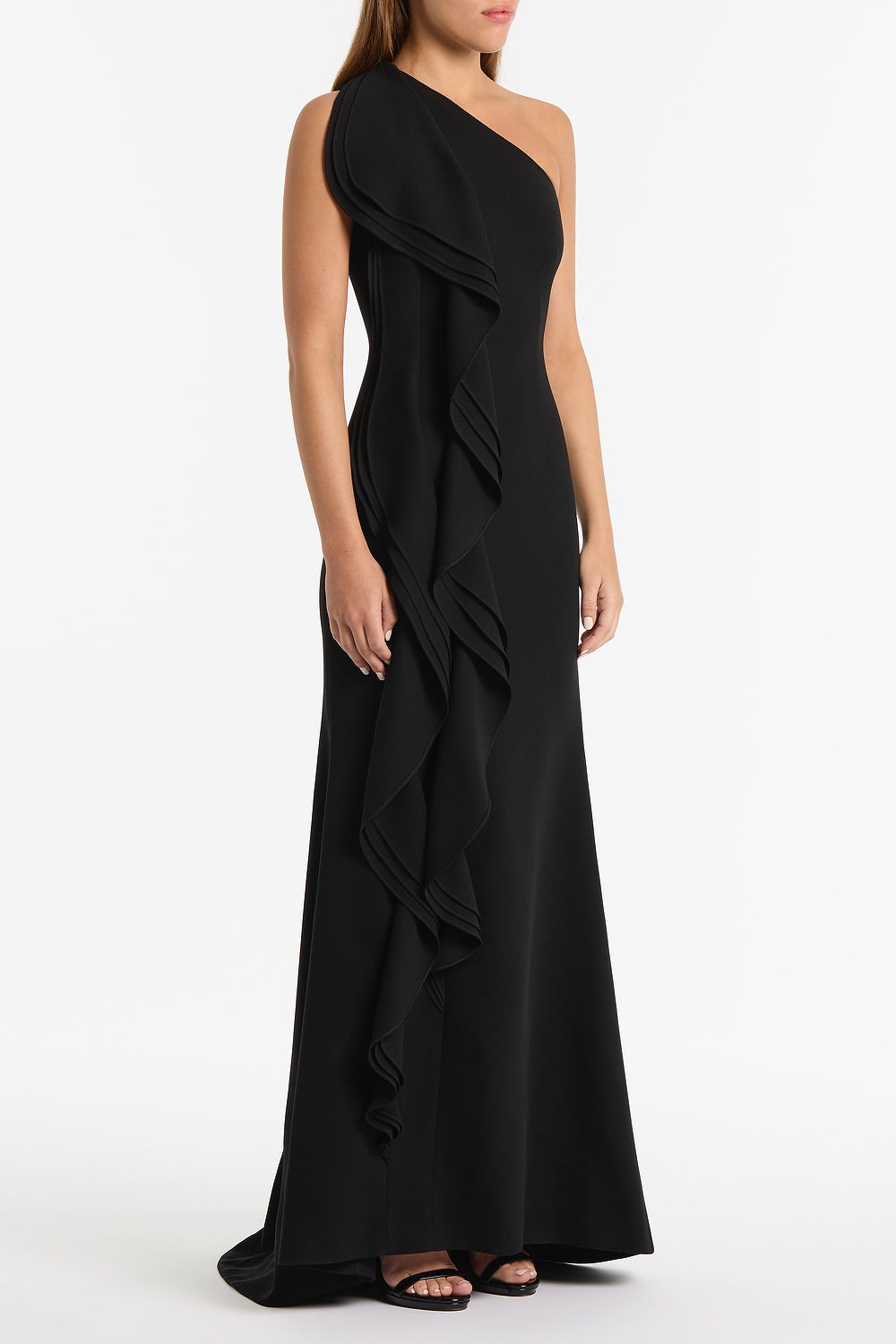 Carla Zampatti Crepe One Shoulder Petal Gown (Black)