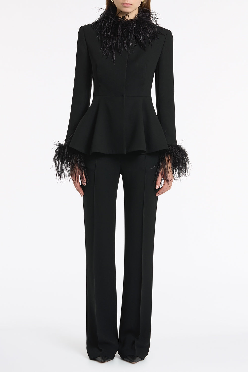 Image of Coats & Jackets. Product name - Black Crepe Peplum Feather Jacket in Black colour by brand - Carla Zampatti