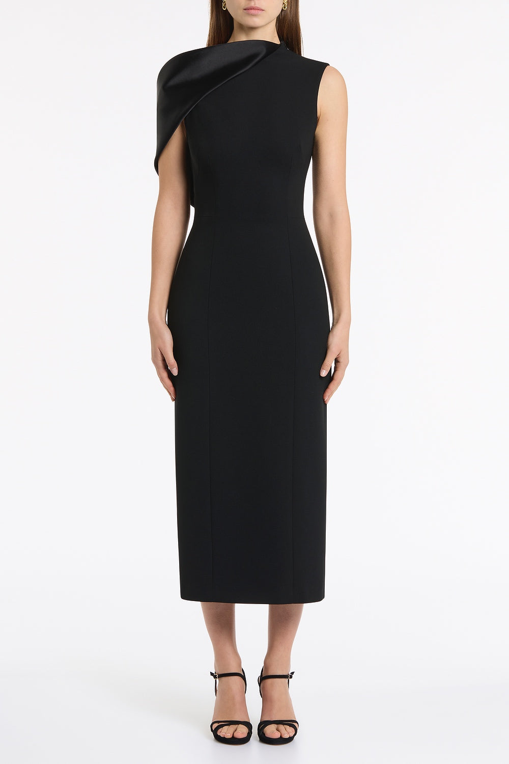 Image of Dresses. Product name - Black Crepe Sculpted One Shoulder Midi Dress in Black colour by brand - Carla Zampatti