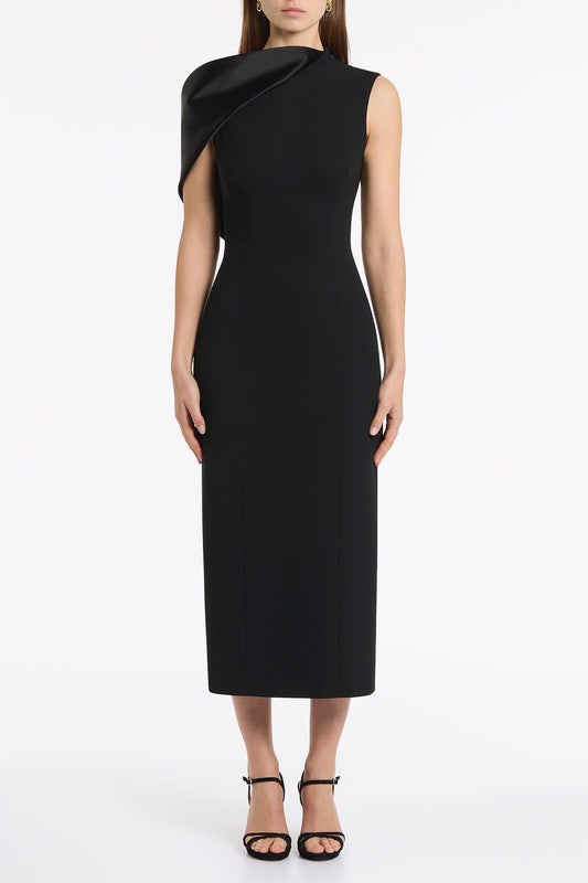 Image of Dresses. Product name - Black Crepe Sculpted One Shoulder Midi Dress in Black colour by brand - Carla Zampatti