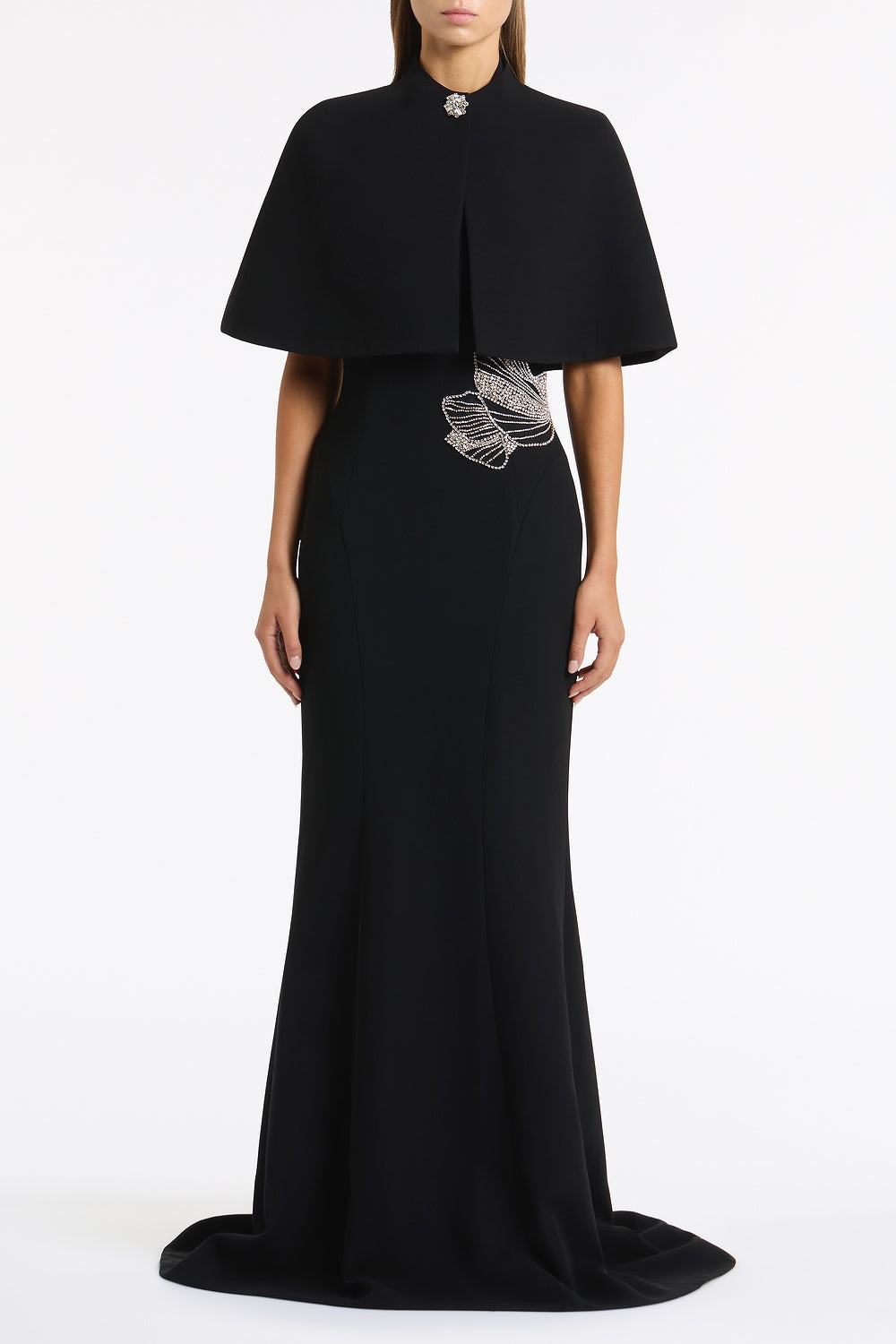 Image of a model wearing Shorts. Product name - Black Crepe Short Cape in Black colour by brand - Carla Zampatti
