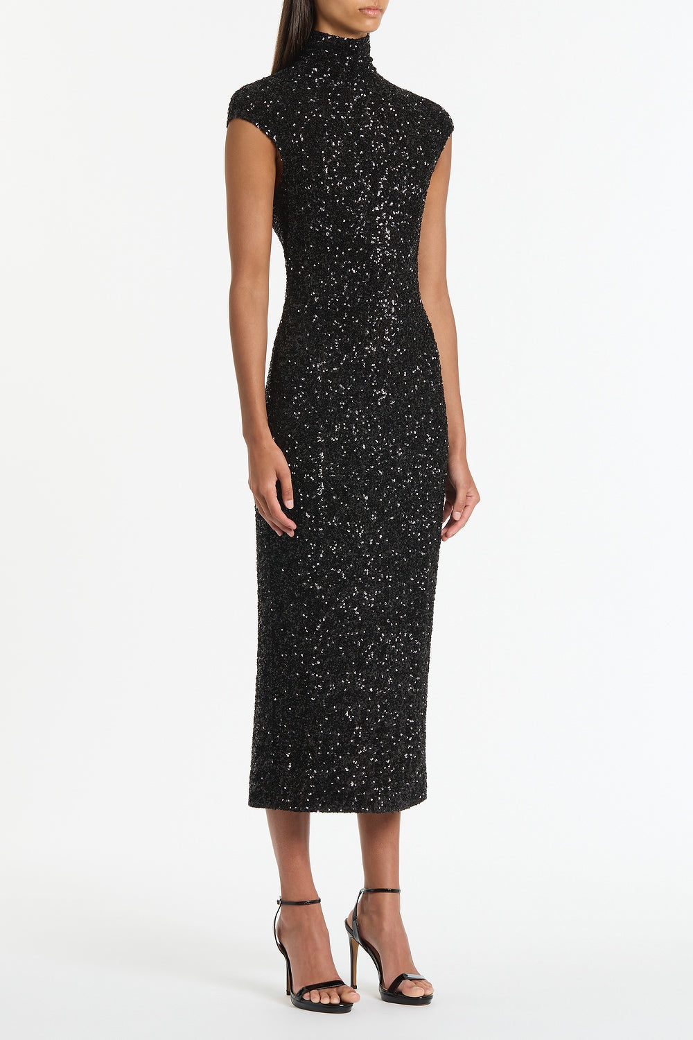 Carla Zampatti Crushed Sequin Cap Sleeve Midi Dress (Black)