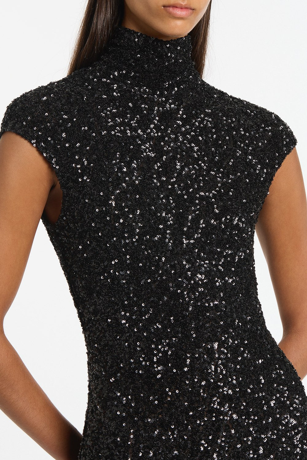 Carla Zampatti Crushed Sequin Cap Sleeve Midi Dress (Black)
