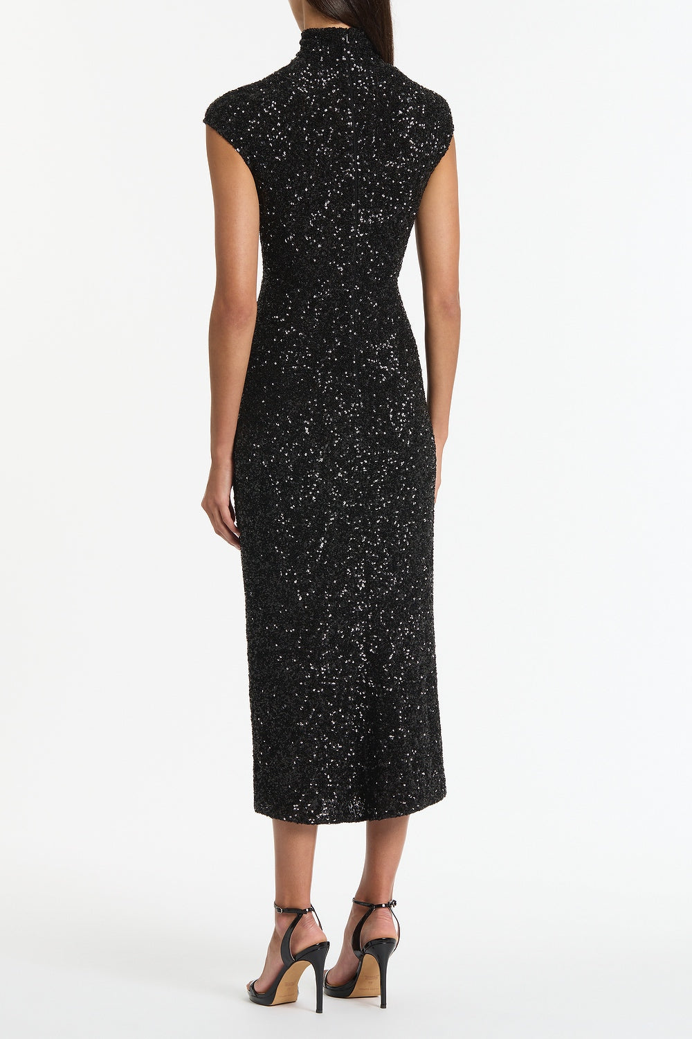 Carla Zampatti Crushed Sequin Cap Sleeve Midi Dress (Black)