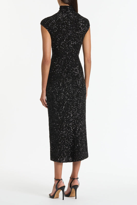 Carla Zampatti Crushed Sequin Cap Sleeve Midi Dress (Black)