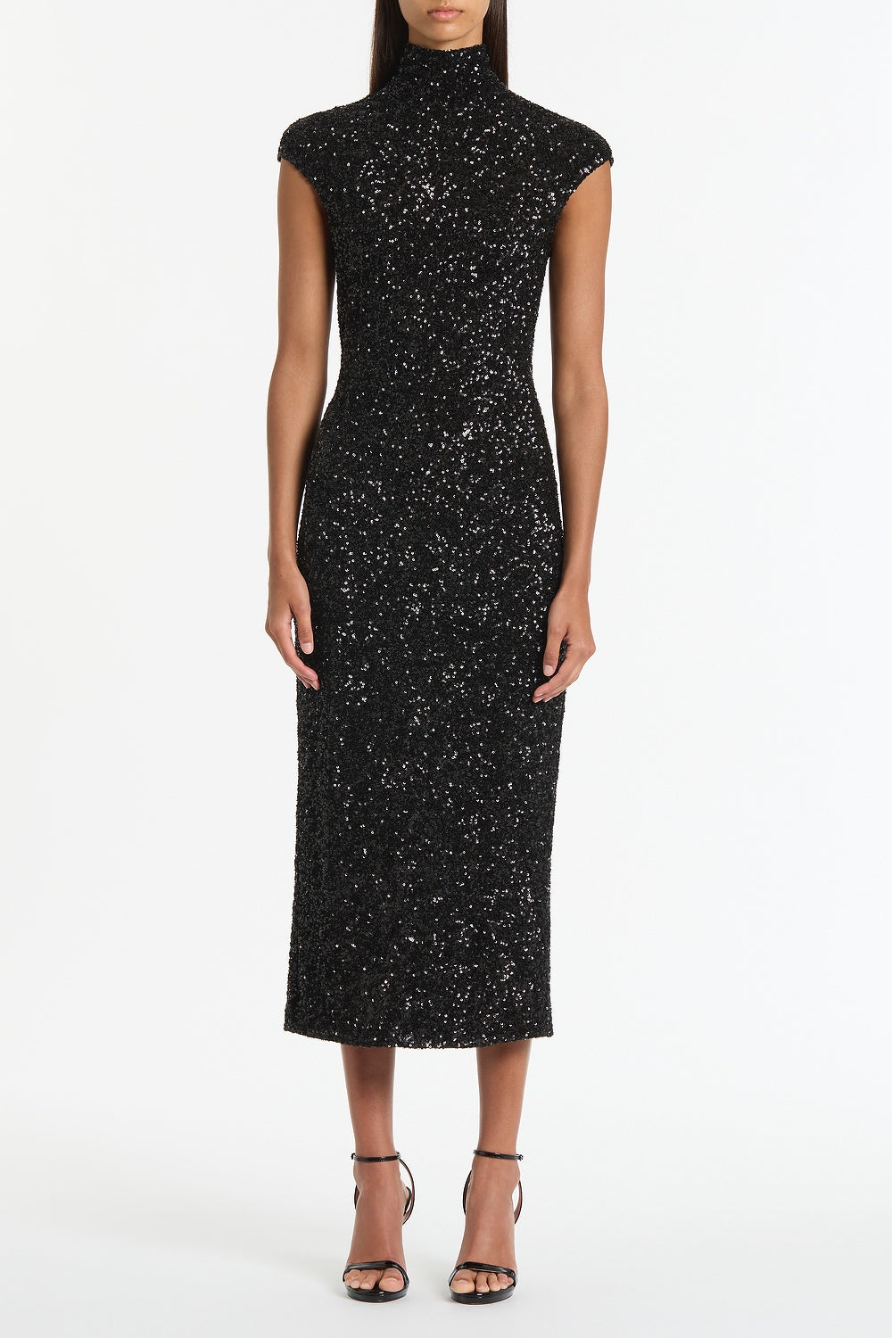 Image of Dresses. Product name - Black Crushed Sequin Cap Sleeve Midi Dress in Black colour by brand - Carla Zampatti