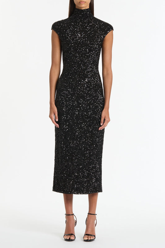 Image of Dresses. Product name - Black Crushed Sequin Cap Sleeve Midi Dress in Black colour by brand - Carla Zampatti