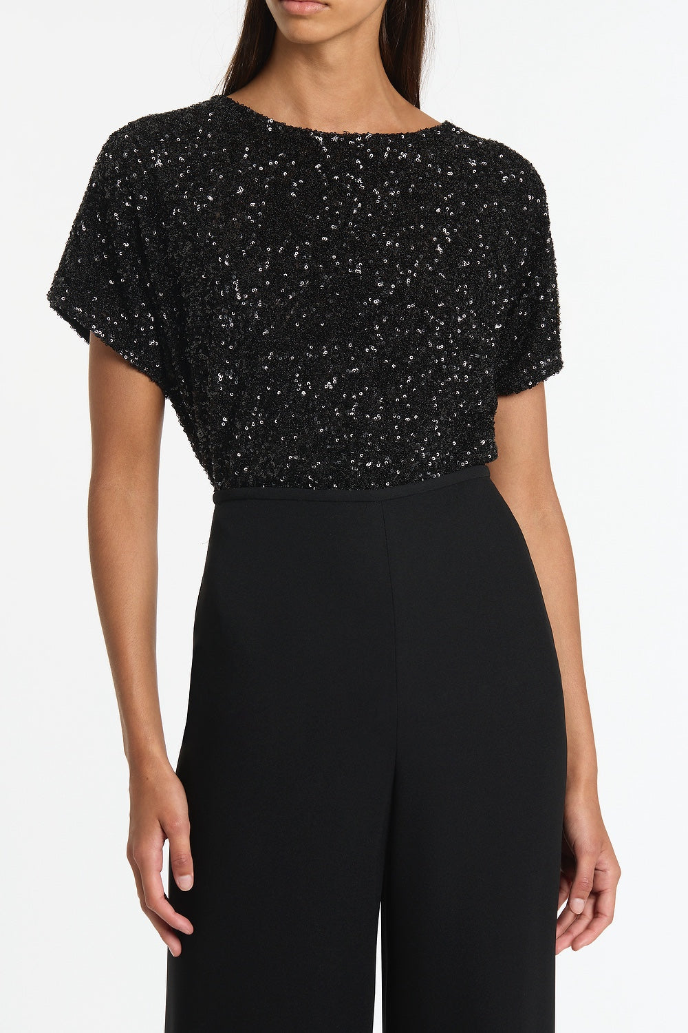 Carla Zampatti Crushed Sequin Drape Top (Black)