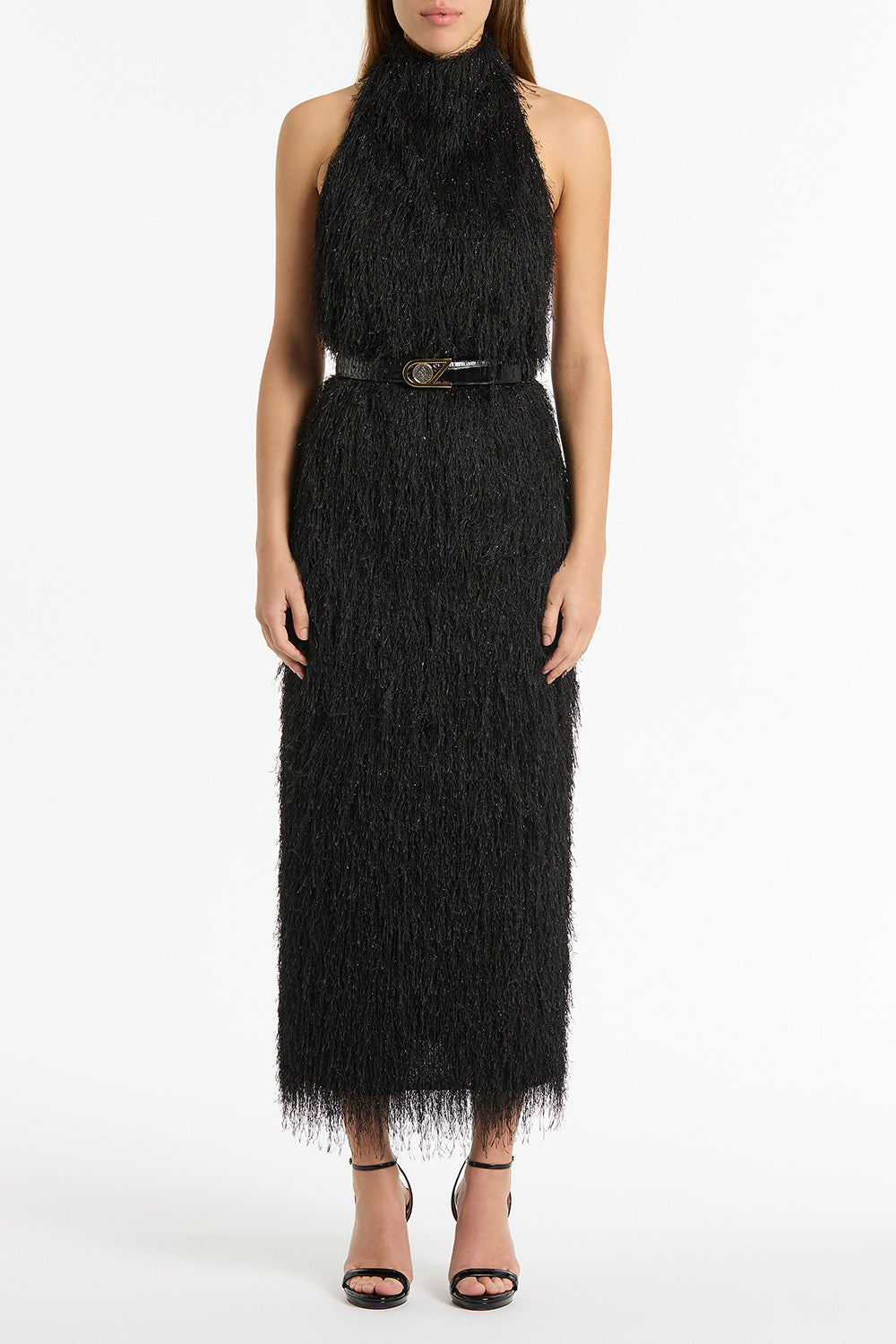 Image of Dresses. Product name - Black Fringe Knit Fitted Dress in Black colour by brand - Carla Zampatti