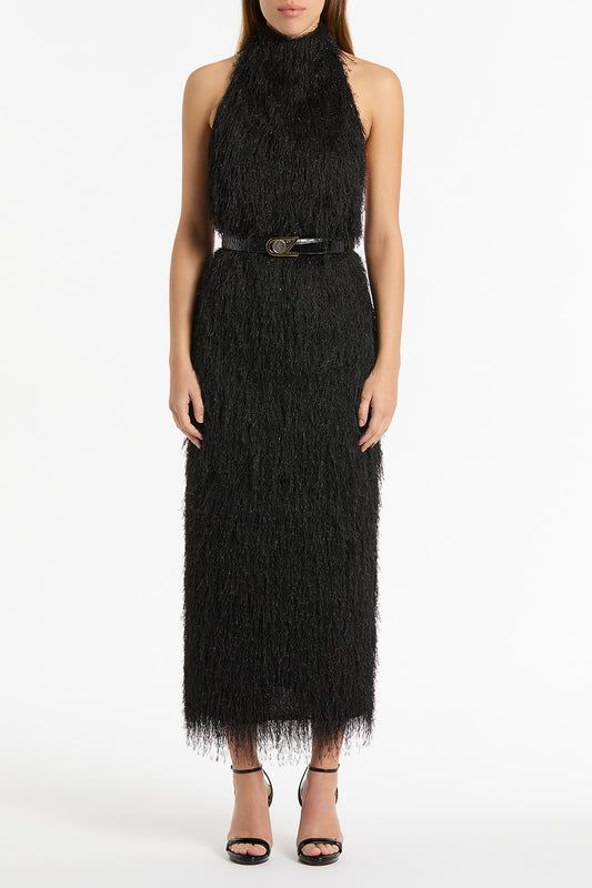Image of Dresses. Product name - Black Fringe Knit Fitted Dress in Black colour by brand - Carla Zampatti