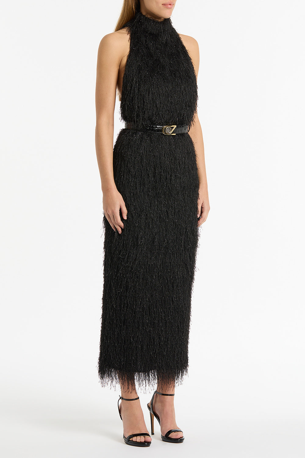 Carla Zampatti Fringe Knit Fitted Dress (Black)